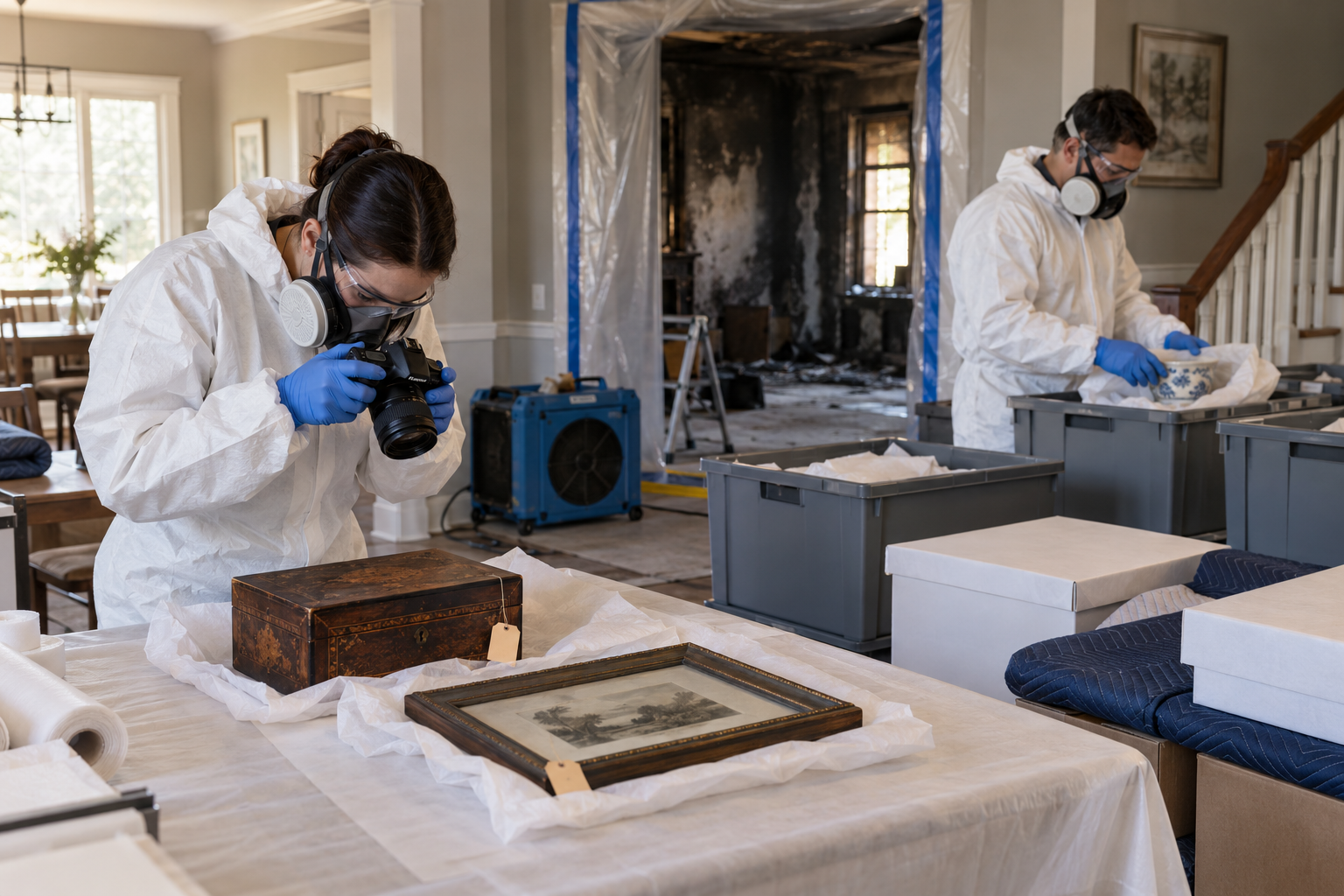 Restoration technicians documenting and packing smoke-affected belongings after a house fire in Joliet, Illinois.