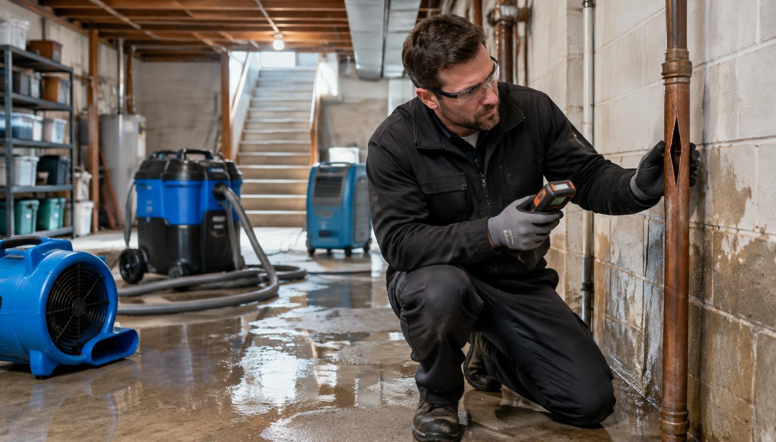 Restoration technician inspects a burst pipe and moisture conditions in a Joliet basement