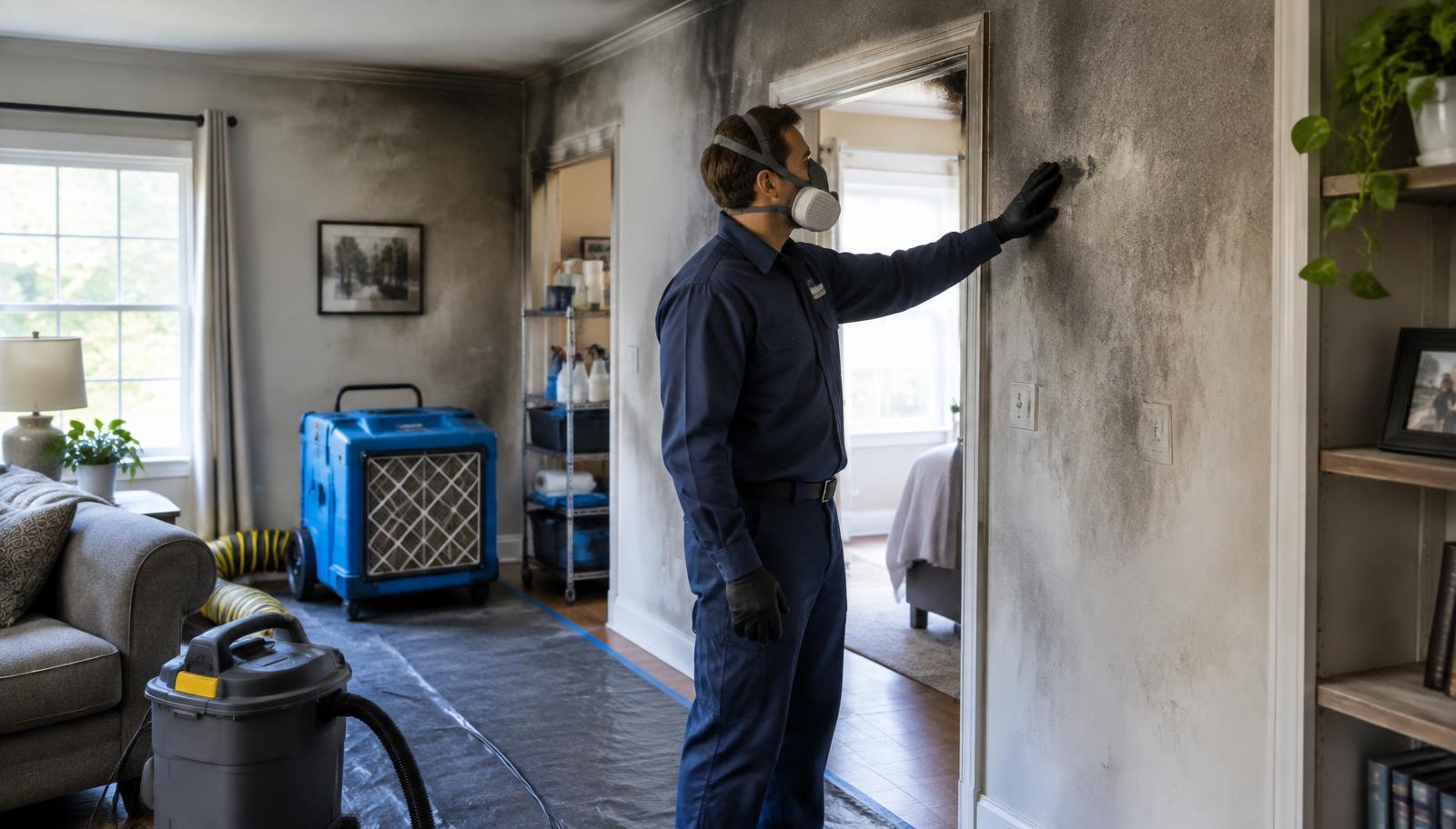 Restoration technician inspects soot and smoke damage inside a Joliet-area home while professional cleaning equipment operates nearby