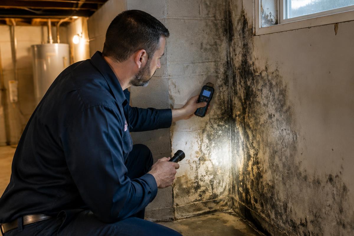Restoration technician inspecting mold growth on a basement wall with a moisture meter after water damage in a Joliet home