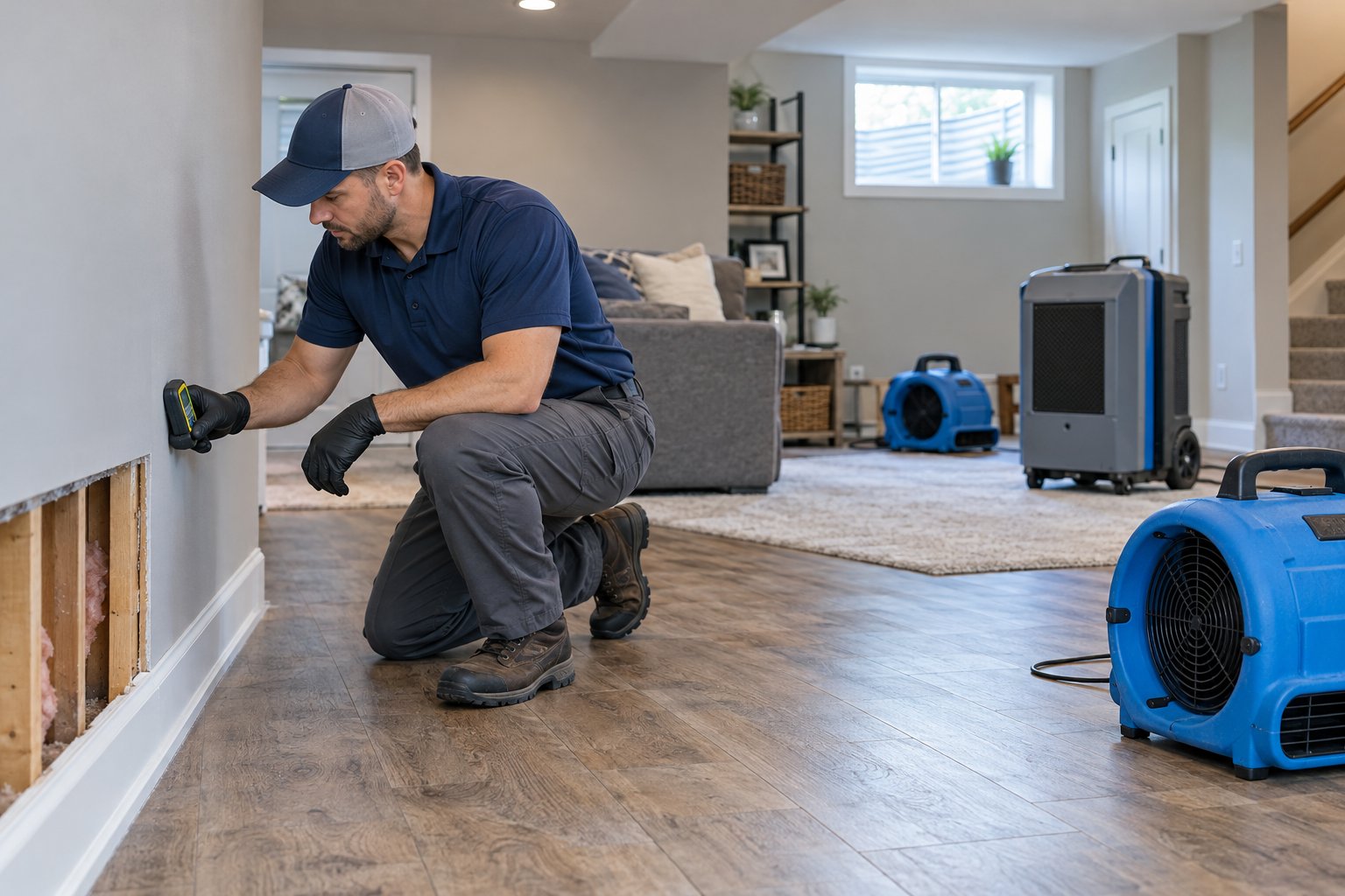 Restoration technician checks wall moisture while drying equipment operates after water damage in a Joliet-area basement.